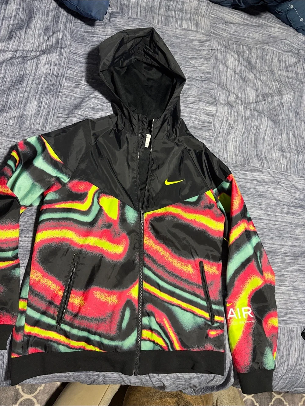 Nike Black Hooded Windbreaker with Neon Yellow, Pink and Teal Swirl